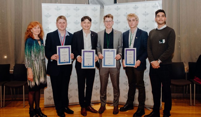 Judges and winners of the Youth Parliament 2022 Competition held by the New Zealand Business & Parliament Trust